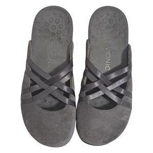 Vionic Orthaheel Claire Leather Suede Slip On Criss Cross Strap Mule Flat Sz 8